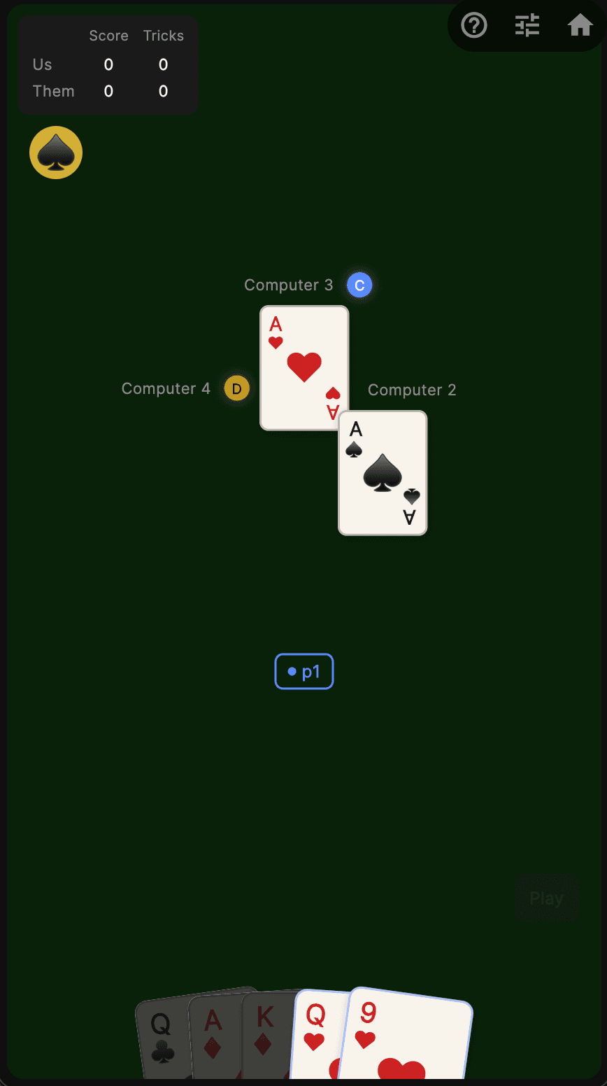Screenshot of ThrowbackPack showing a hand of Hearts on dark green felt